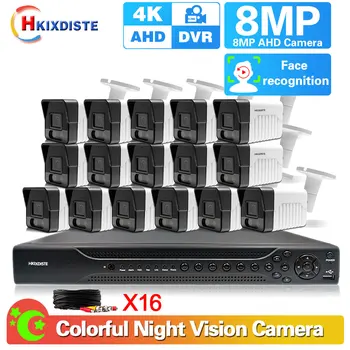16-канален видеорекордер, система за видеонаблюдение, 8-мегапикселова пълноцветен камера за нощно виждане, открит комплект AI Face AHD, комплект с камери за видеонаблюдение