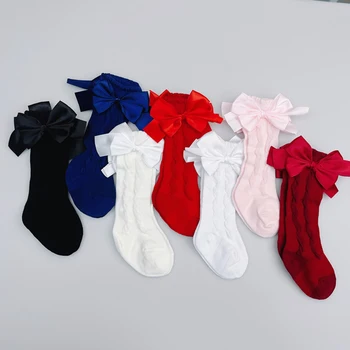 Чорапогащи до коляното за малки момичета, разтеглив дишащи меш обикновена чорапи-тръба с бантиком за деца