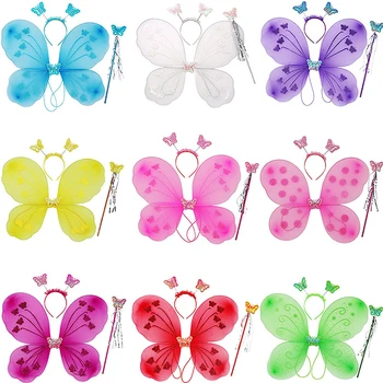 Детска превръзка на главата с пеперуда, крила, пръчка, комплект от 3 теми, летни дрехи за снимки за момичета, детски, жълто-зелено, лилаво розово подпори за приказки