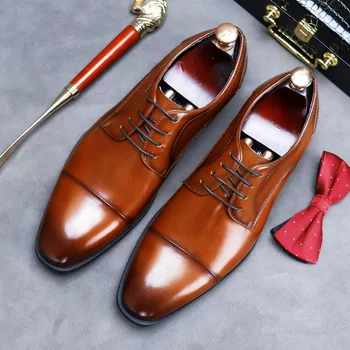 Обувки, мъжки младежки бизнес облекла от естествена кожа, красиви кожени обувки дерби в британския стил, сватбени обувки в стил ретро, ежедневна мода воловья кожа