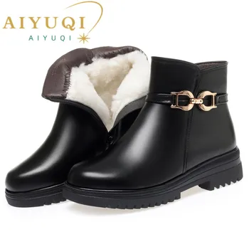 AIYUQI/ Дамски зимни обувки, Нескользящие обувки Големи размери 41, 42, 43, Дамски Зимни обувки От естествена кожа, Топли, вълнени ботуши за майките, Женски