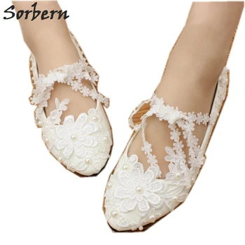 Sorbern Сватбени обувки са ръчна изработка на равна подметка, бели дантелени обувки за шаферките, женски обувки на равна подметка, размер 40, сватбени токчета 2018