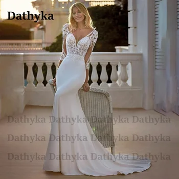 Сватбена рокля с аппликацией на гърба Dathyka за булката, атласное рокля с копчета, ръкав три четвърти, необичаен струята, V-образно деколте, Русалка на поръчка