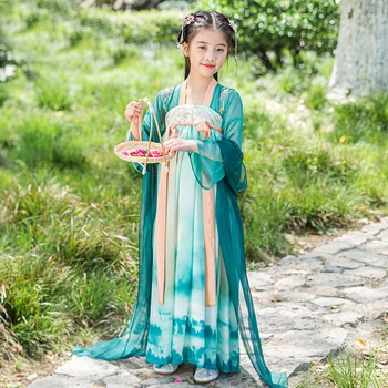 Танцов костюм Hanfu Gilrs принцеса Рокля поли за момичета, традиционен Китайски комплект с цветна бродерия Голяма люлка сценична празнична облекло