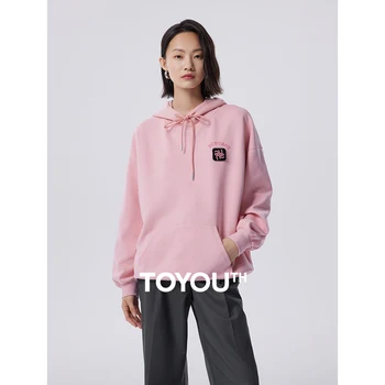 Toyouth Дамски блузи 2023, есенна свободна hoody с качулка с дълъг ръкав и бродерии букви, модерен случайни розово-черен пуловер