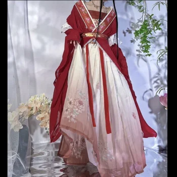 Червена рокля Vestido Hanfu в китайски стил, червената рокля за cosplay, дамски дълга пола с традиционна принтом, комплект от 5 теми, елегантна пола за партита за момичета, комплект