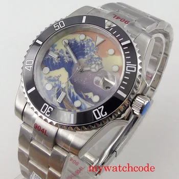40 мм автоматичен мъжки часовник с светящимся циферблат за сърфиране, 24 скъпоценен камък, матиран син сапфир гривна NH35A с марка Cyclop BLIGER