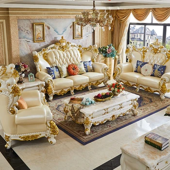 Европейският стил, комбиниран диван от естествена кожа, мебели за всекидневна, луксозна вила, на първия слой, короната от телешка кожа