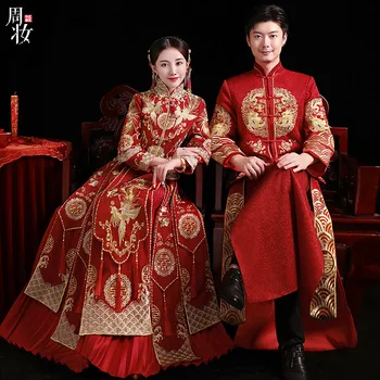 Луксозна сватбена рокля с бродерия на финикс за булката, елегантен китайски сватбен комплект Рокля с яка от мандарина