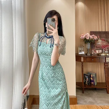 Лятна реколта зелени китайски вечерни рокли Qipao 2023