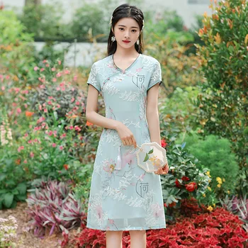 Традиционното шифоновое рокля ципао трапецовидна форма с V-образно деколте и къс ръкав с дължина до коляното, Чонсам, женски сватбена рокля в китайски стил