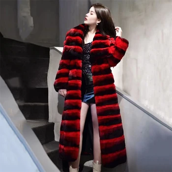 2023 Дълга стилно палто от естествена кожа 100% естествена кожа заек Рекс, топло палто, дамска зимна луксозна тънка модерно палто,