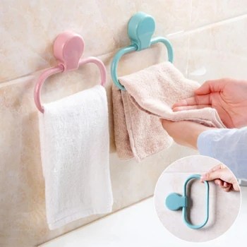 1 бр. пластмасов пръстен за кърпи с въртящи самозалепващи закачалка за кърпи за ръце, монтиране на стена за баня и кухни, аксесоари за дома