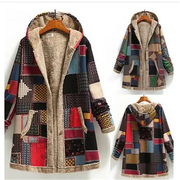 2023 Зимата винтажное дамско палто, топло дълго яке с качулка от плътно отвътре с принтом и джоб, дамски връхни дрехи, свободно палто за жени