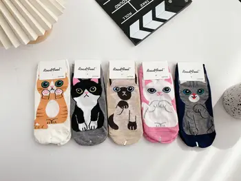 5 бр. дишащи памучни чорапи със забавни животни за жените, нови пролетно-летни памучни чорапи, с хубави анимационни котка, цветни чорапи за момичета