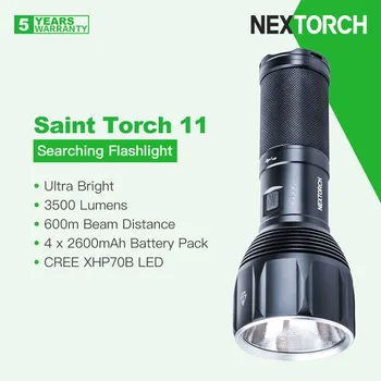 Търсене фенер Nextorch Saint Факел, 11, Сверхяркий лъч 3500 лумена дължина 600 м, батерия 4x2600 ма батерия, която се презарежда Type-C