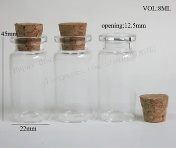 1000 бр./лот, 8 мл, малка прозрачна стъклена бутилка с дървена запушалка, 8 клапана на цилиндър, прозрачни стъклени флакони с корк корк, кутии за образци