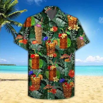 Мъжка риза с къс ръкав и цветен модел, лятна свободна мешковатая ежедневни хавайски празнична тропическа плажна риза, тениска, блуза, копчета, национален стил