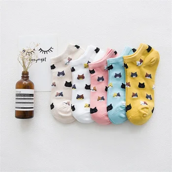 5 двойки женски къси чорапи от памук, с шарките на привлекателен котка и плодов мечка, чорапи с ниско голенищем, летни модни ежедневни чорапи на райета с забавен принтом