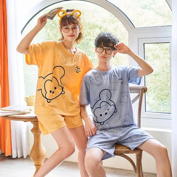 Години двойка пижамных комплекти за жени и мъже, памучен пижама с корейски анимационни мечка Kawai, пижама с къс ръкав за момчета и момичета, облекло за почивка