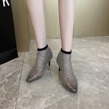 2023 Горещ нощен клуб Кристални дрънкулката Лятото дишащи обувки-гладиатори с остри пръсти на супер висок ток на висок ток с кристали Модерен, секси