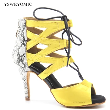 Женски обувки за латино танци за салса от жълта сатенена кожа с змеиным принтом, удобни танцови обувки на токчета с височина 8,5 см 10 см