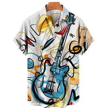 Летни Мъжки Ризи, Хавайски Ризи за Мъже, Облекло, Модни Топове с Принтом Музикална Китара, Тениски, Ежедневни Блузи Оверсайз, Плажни Camisa