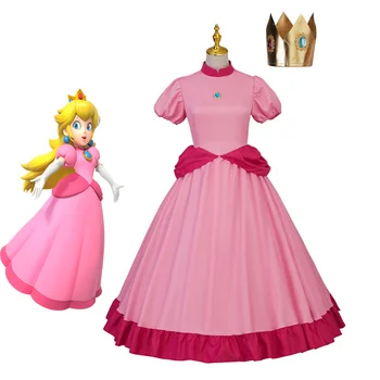 Игри костюм, рокля на принцеса прасковено цветове за cosplay, женствена рокля за момичета, сладка розова рокля с корона, Хелоуин, карнавальная парти, Vestidos
